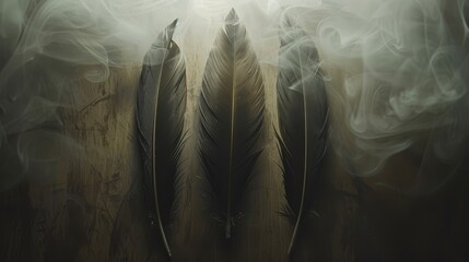   Three feathers atop wooden table, adjacent to white-filled wall with smoke - obrazy, fototapety, plakaty