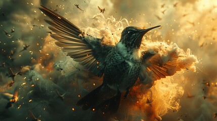 Fototapeta premium A bird flying through a fiery sky with smoke trailing behind