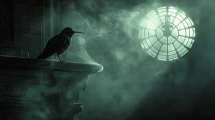  A bird perched on a ledge in front of a steaming window with a round background