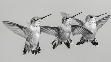 Fototapeta premium A B&W photo of three hummingbirds flying, wings extended, beaks open