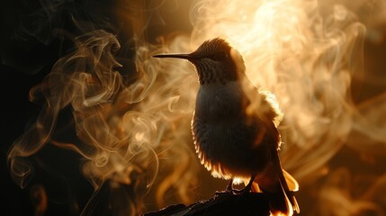 Fototapeta premium A bird perched atop a branch, surrounded by billowing smoke