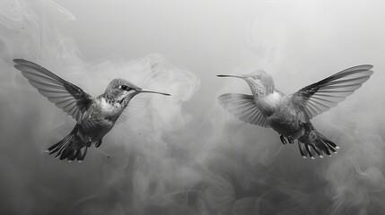 Fototapeta premium Two hummingbirds fly in a black and white photograph with beak-blown smoke trails