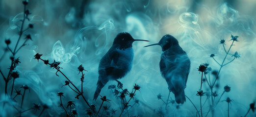 Fototapeta premium A pair of birds perched atop a field of blooms with hazy smoke in the backdrop