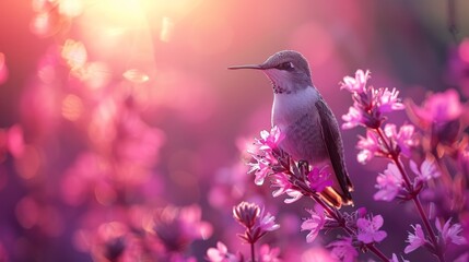 Fototapeta premium Hummingbird on pink flower in purple field with shining sun