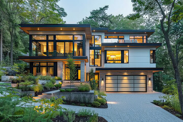 A wide-angle shot of the exterior of an elegant, modern home in Surrey, British Columbia with stone accents and large windows, showcasing its beautiful landscaping and design details. Created with Ai - obrazy, fototapety, plakaty