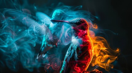   A colorful hummingbird perched atop a tree branch with blue-red smoke billowing from its beak - obrazy, fototapety, plakaty