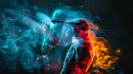 Foto op Canvas   A colorful hummingbird perched atop a tree branch with blue-red smoke billowing from its beak © Shanti