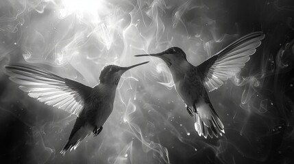 Obraz premium A monochromatic image captures two iridescent hummingbirds soaring through the air, their beaks elegantly intertwined