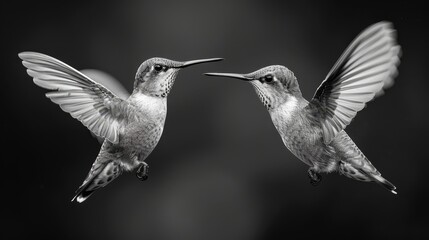 Fototapeta premium Black-and-white image of two hummingbirds in close proximity, mouths open as they touch their bills together