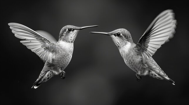   Black-and-white image of two hummingbirds in close proximity, mouths open as they touch their bills together