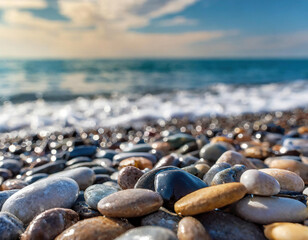 Pebbles on the beach with blurred sea water on a background.