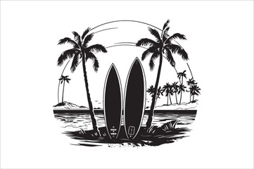 summer Element Line art Silhouette. Surfboard Ocean Wave Beach and Line art Summer silhouette vector, summer silhouette images, summer silhouette Vector.