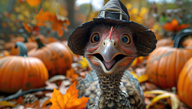 A photo of an anthropomorphic turkey wearing a witch hat, smiling and looking directly at the camera with pumpkins in the background. Created with Ai