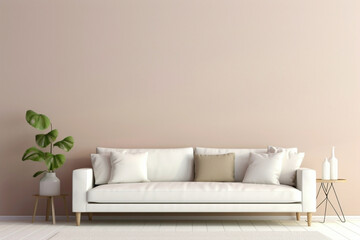 Visualize the elegance of a beige and Scandinavian sofa positioned beside a white blank empty frame...