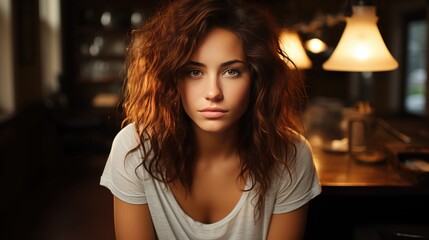 Fototapeta premium Portrait of a Young Woman with Curly Hair in Warm Indoor Lighting