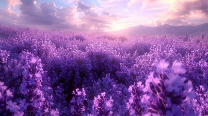   A field filled with purple flowers under the sun shining through cloudy skies in the distance, with mountains in view