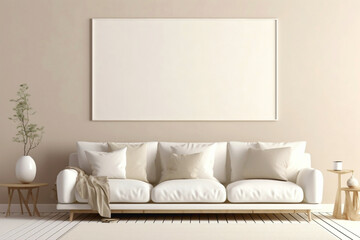 Visualize the elegance of a beige and Scandinavian sofa set against a white blank empty frame for copy text, against a soft color wall background.