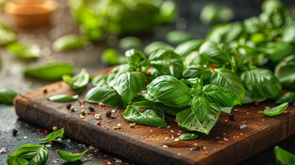   A wooden cutting board topped with fresh herbs and a light sprinkle of black pepper - obrazy, fototapety, plakaty