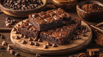   A pair of chocolate brownies atop a wooden platter alongside bowls of chocolate chips and cocoa - obrazy, fototapety, plakaty