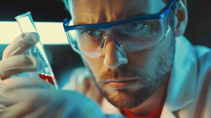 A male scientist in a lab coat holding a test tube while conducting an experiment in a laboratory setting