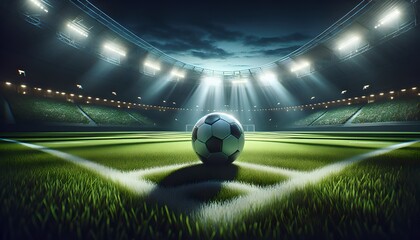 a soccer ball or football on a green lush field in an empty soccer stadium. UK football. Dramatic lighting. Turf. Footy.