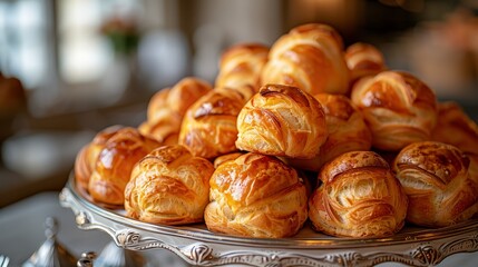   Croissants on silver platter on white table