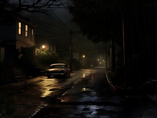 Car driving through the street at night with moon in the background