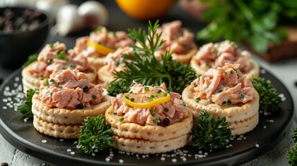   A plate of mini crackers covered in meat and herbs, served with lemon wedges