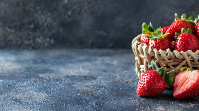 A basket filled with fresh strawberries sits on a rustic table