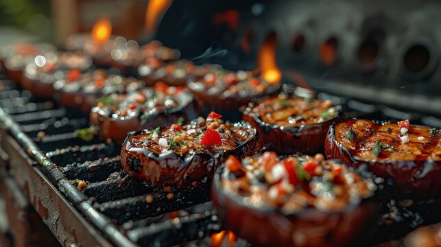   A close-up grill image showing food on its grates and flames in the backdrop
