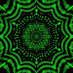 3D neon green sot and spot on a black background hexagonal floral fantasy with kaleidoscopic pattern
