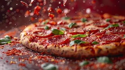   A detailed picture of a pepperoni pizza with many sprinkles covering its surface - obrazy, fototapety, plakaty