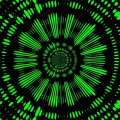 3D neon green sot and spot on a black background hexagonal floral fantasy with kaleidoscopic pattern