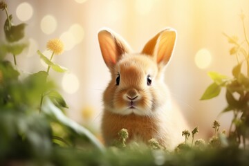 Fototapeta na wymiar cute rabbit on blurred soft orange and white color background for cute and relax design