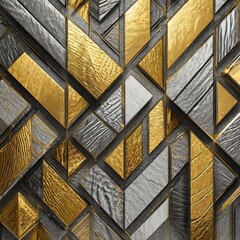 background from a wall.a 3D geometric wall with alternating gold and silver textures, meticulously crafted in a pattern of squares and rectangles, adding depth and dimension to interior decor with a t