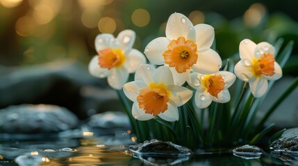  A group of white and orange flowers floating on a body of water with droplets surrounding them
