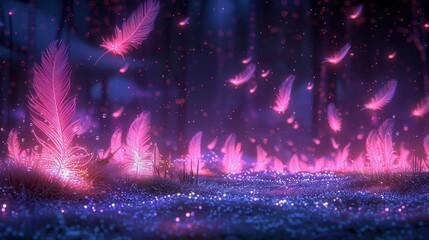   A night painting featuring pink and purple feathers flying above a water stream on lush grass - obrazy, fototapety, plakaty