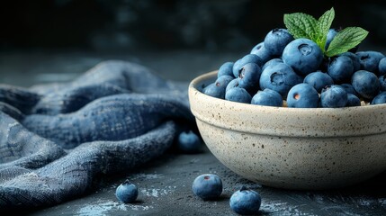   A close-up of a blueberry bowl on a table with a cloth background - obrazy, fototapety, plakaty