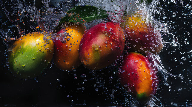 A bunch of ripe mangos, with water droplets, falling into a deep black water tank