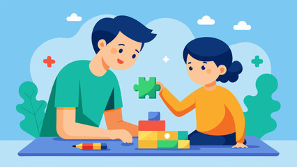 A parent and child engaging in a problemsolving game where they must work together to overcome obstacles and communicate effectively in order