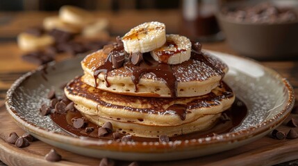   A close-up shot of a breakfast dish featuring fluffy pancakes topped with melted chocolate syrup, sliced bananas, and sprinkled chocolate chips