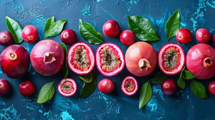   A cluster of pomegranates arranged on a blue background with surrounding foliage