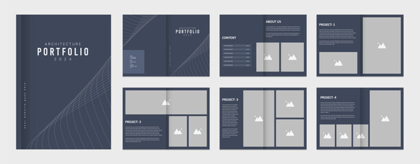 Fototapeta na wymiar Architecture portfolio presentation, architecture portfolio layout design template for print, a4 size booklet template for architecture and interior design.