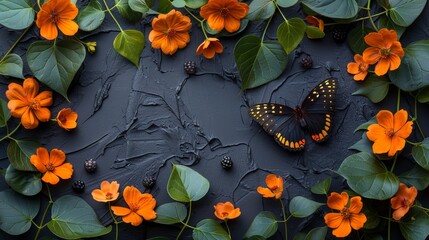   An orange butterfly atop a black surface amidst orange and green foliage and orange blossoms against a black backdrop
