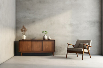 Visualize a modern lounge area adorned with a wooden cabinet and dresser against a textured...