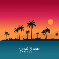 beach sunset vector illustration summer background silhouette with colorful tropical ocean sky