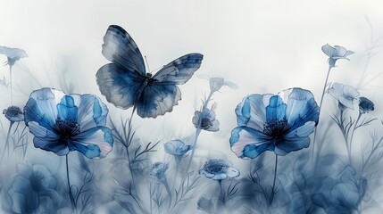   Blue flowers and a butterfly in a painting In one of the flowers, center stage, opposite side