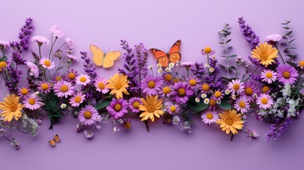   A group of purple and yellow flowers with a butterfly perched on top of one flower, situated on the opposite end of the image - obrazy, fototapety, plakaty