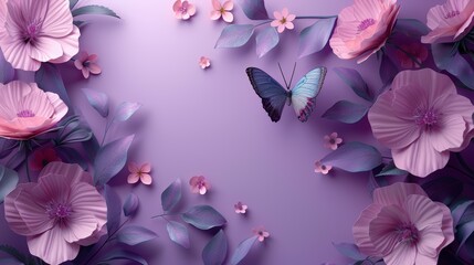  A background in shades of purple, featuring pink and purple blooms A blue butterfly flies above the flowers, positioned to the left side
