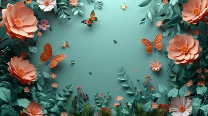   A group of butterflies flying over an orange-white flower-filled green forest on a blue background